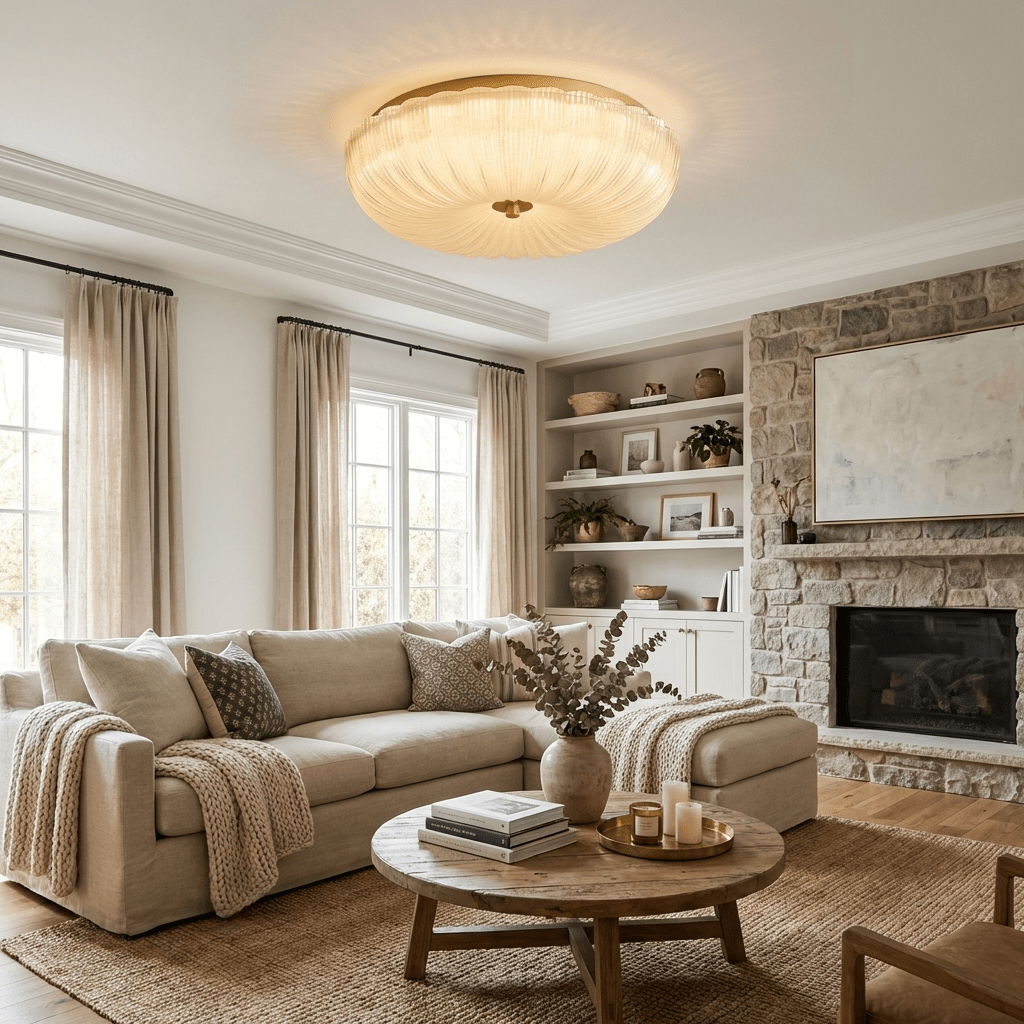 Frosted Glass Flush Mount Ceiling Light, Gold Ripple LED