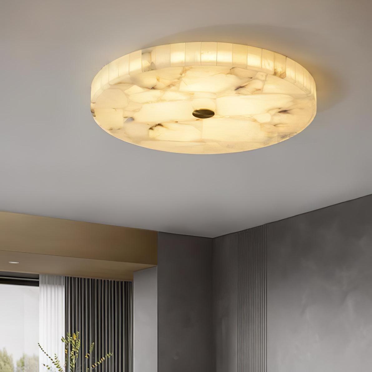 Alabaster Flush Mount Light, Round Mosaic Stone LED Lamp