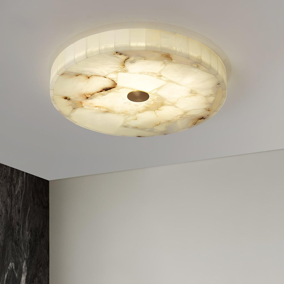 Alabaster Flush Mount Light, Round Mosaic Stone LED Lamp