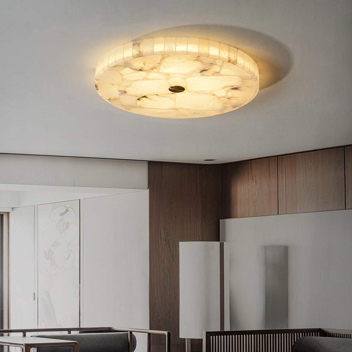 Alabaster Flush Mount Light, Round Mosaic Stone LED Lamp