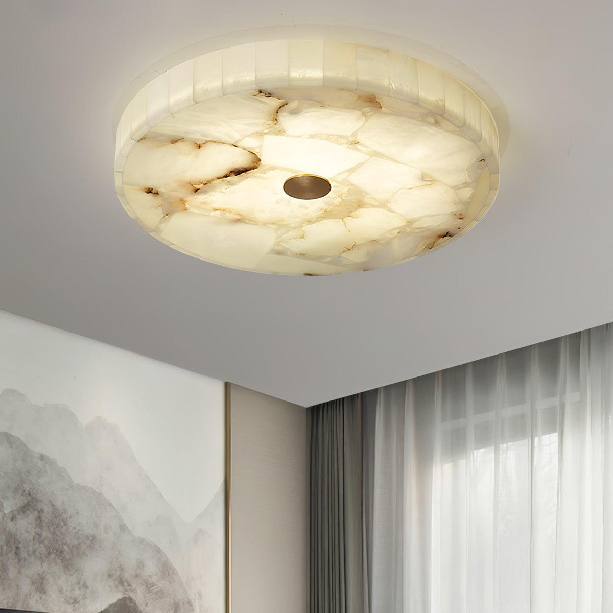 Alabaster Flush Mount Light, Round Mosaic Stone LED Lamp