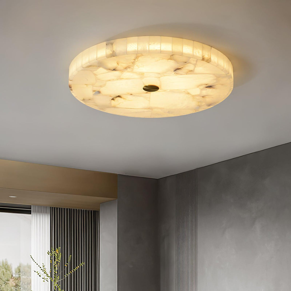 Alabaster Flush Mount Light, Round Mosaic Stone LED Lamp