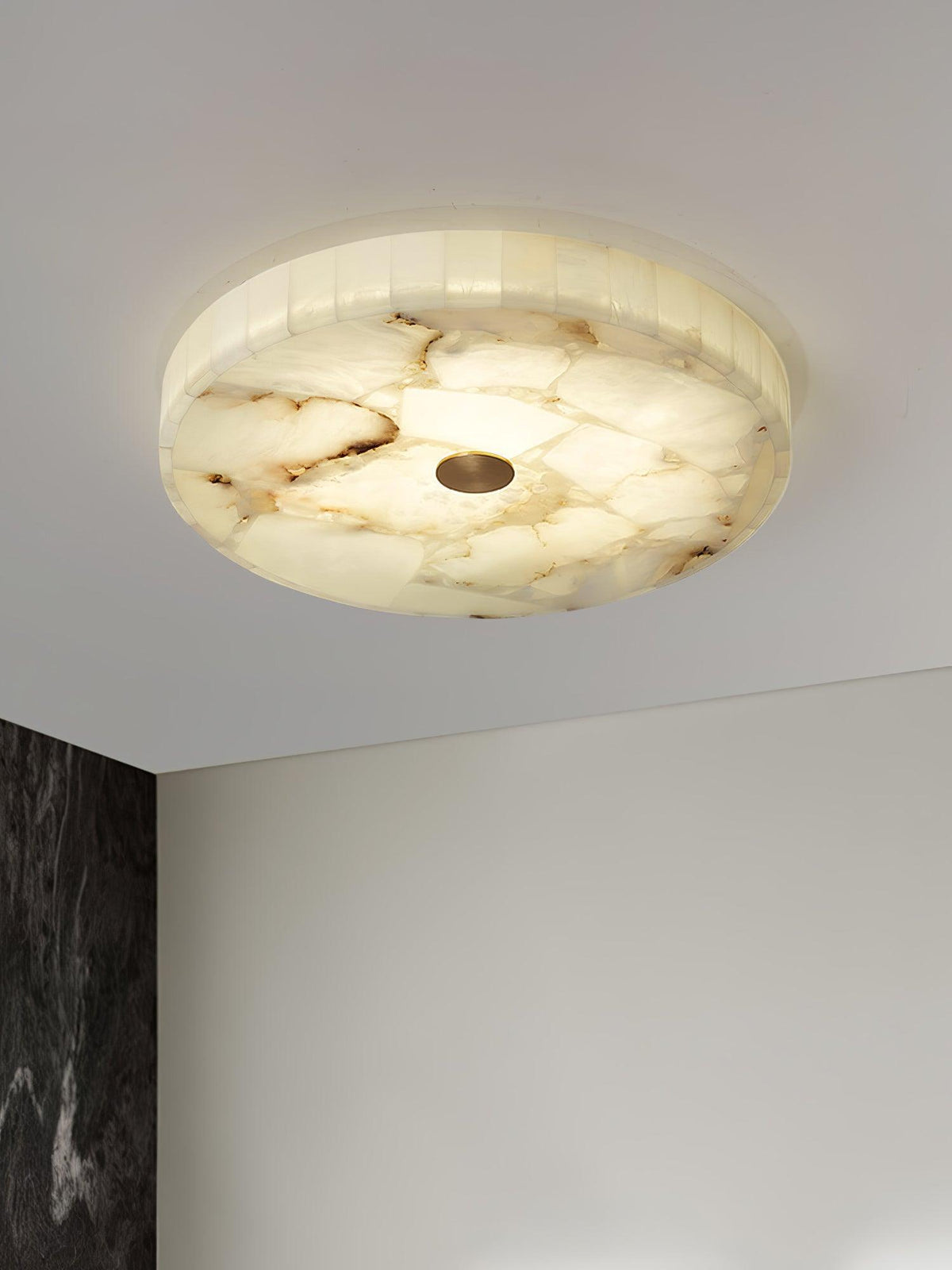 Alabaster Flush Mount Light, Round Mosaic Stone LED Lamp