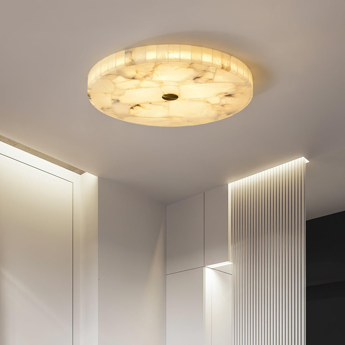 Alabaster Flush Mount Light, Round Mosaic Stone LED Lamp