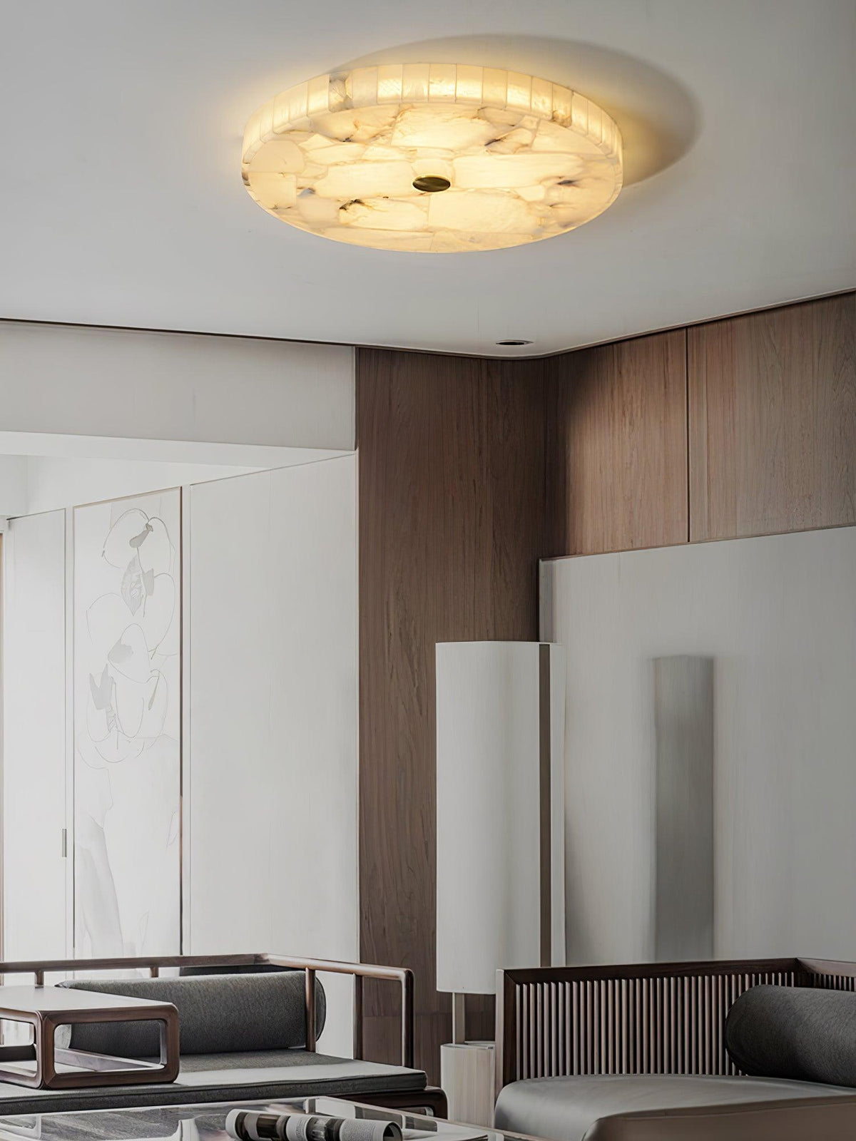 Alabaster Flush Mount Light, Round Mosaic Stone LED Lamp