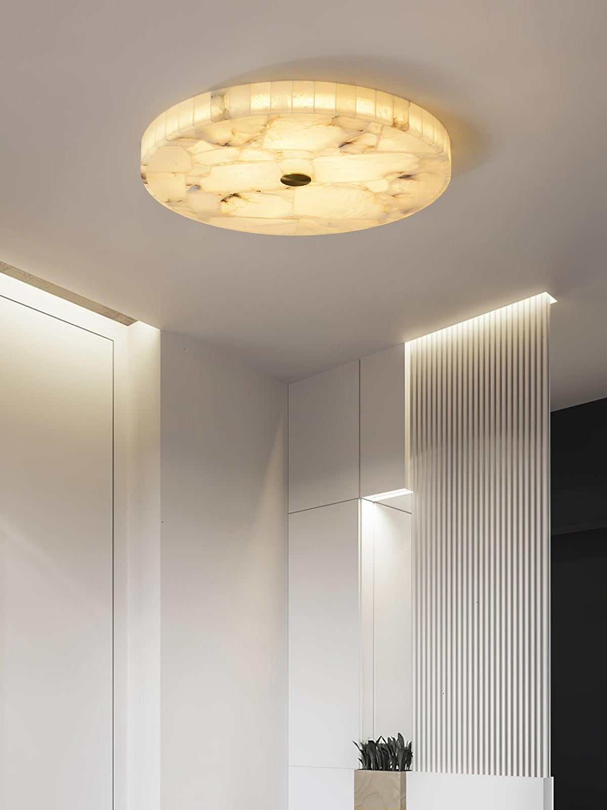 Alabaster Flush Mount Light, Round Mosaic Stone LED Lamp