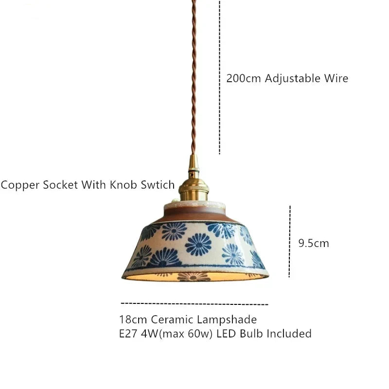 Hand-Painted Ceramic Pendant Light, Floral Kitchen Lamp