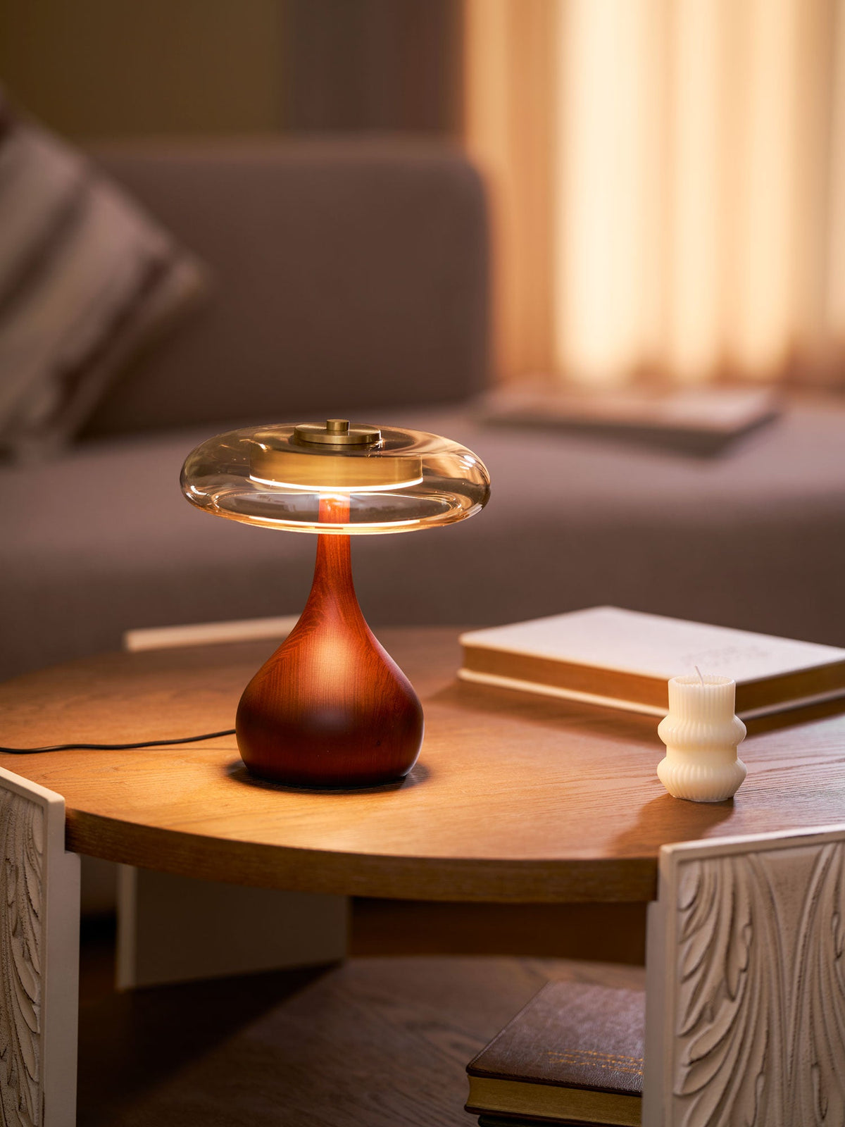 Amber Glass Table Lamp, Curved Walnut Base Bedside Lamp