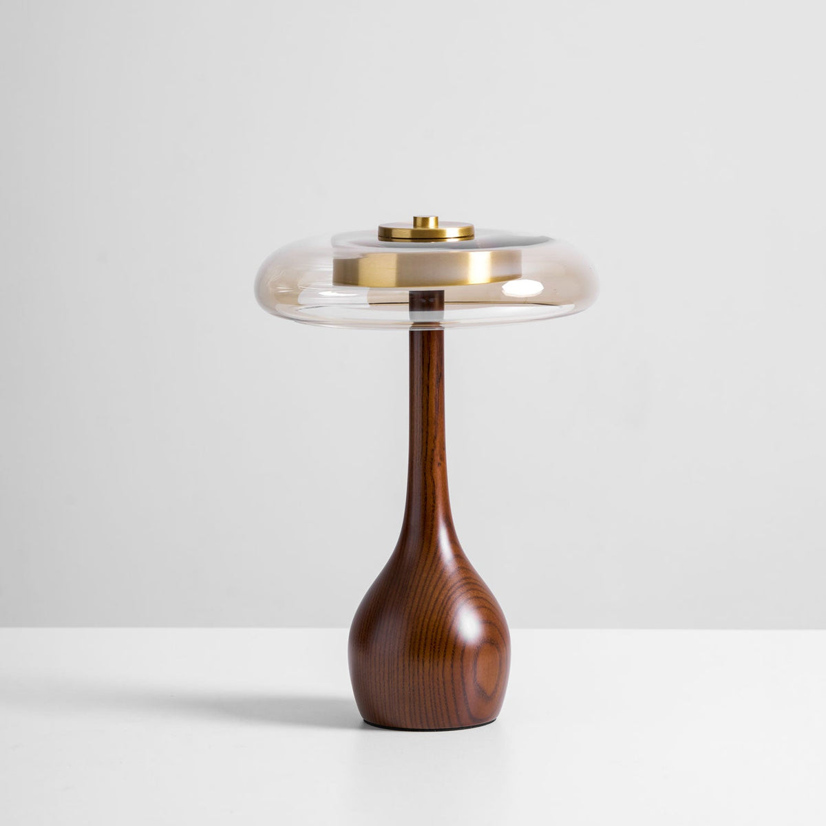 Amber Glass Table Lamp, Curved Walnut Base Bedside Lamp