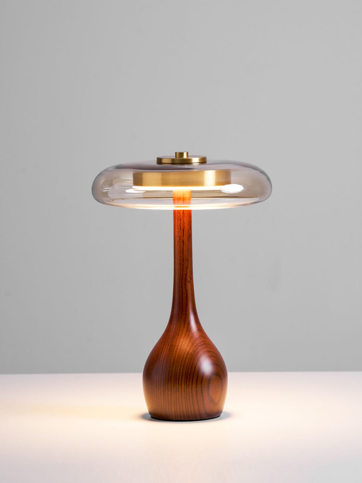 Amber Glass Table Lamp, Curved Walnut Base Bedside Lamp