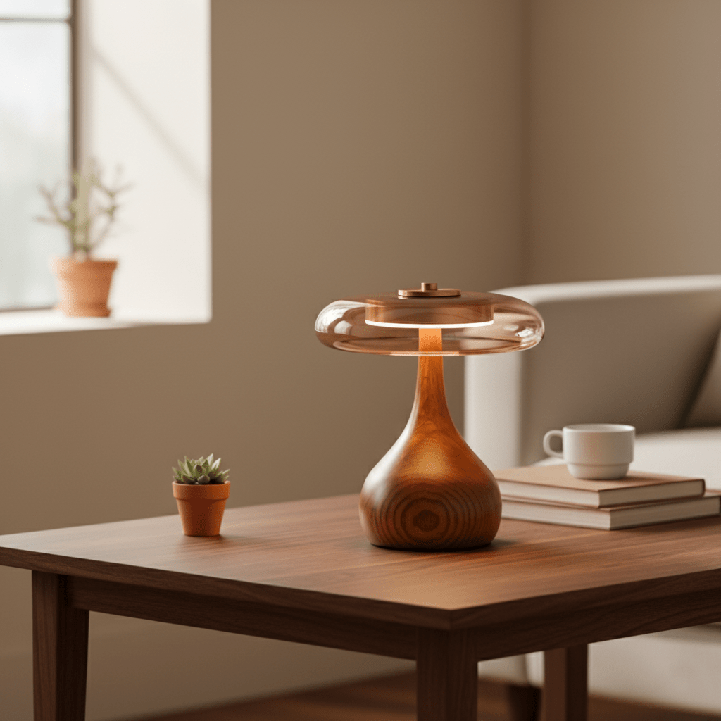 Amber Glass Table Lamp, Curved Walnut Base Bedside Lamp