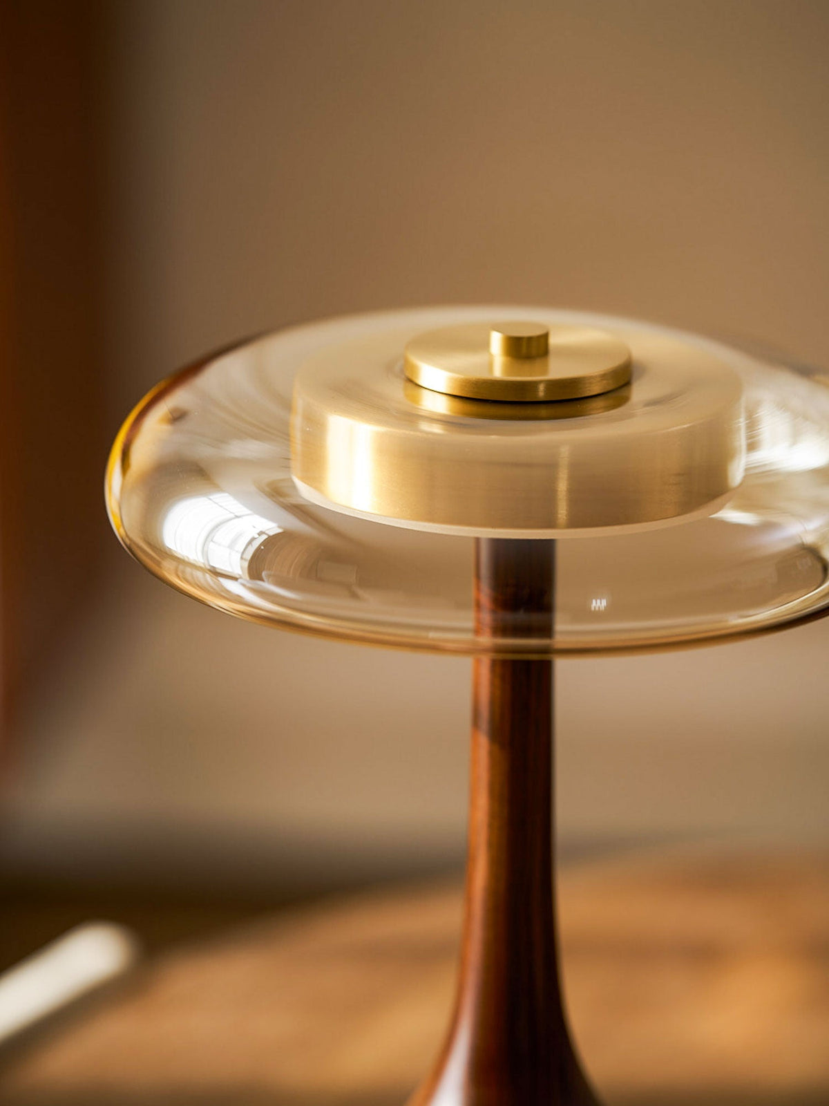 Amber Glass Table Lamp, Curved Walnut Base Bedside Lamp