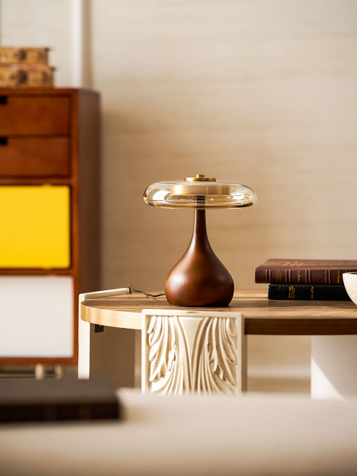 Amber Glass Table Lamp, Curved Walnut Base Bedside Lamp