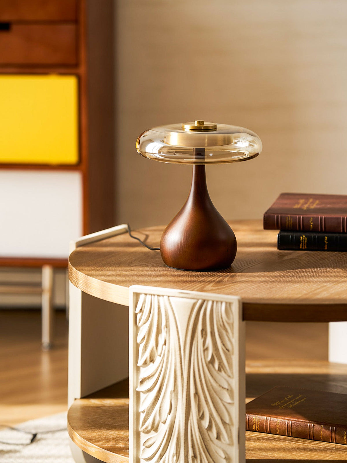 Amber Glass Table Lamp, Curved Walnut Base Bedside Lamp
