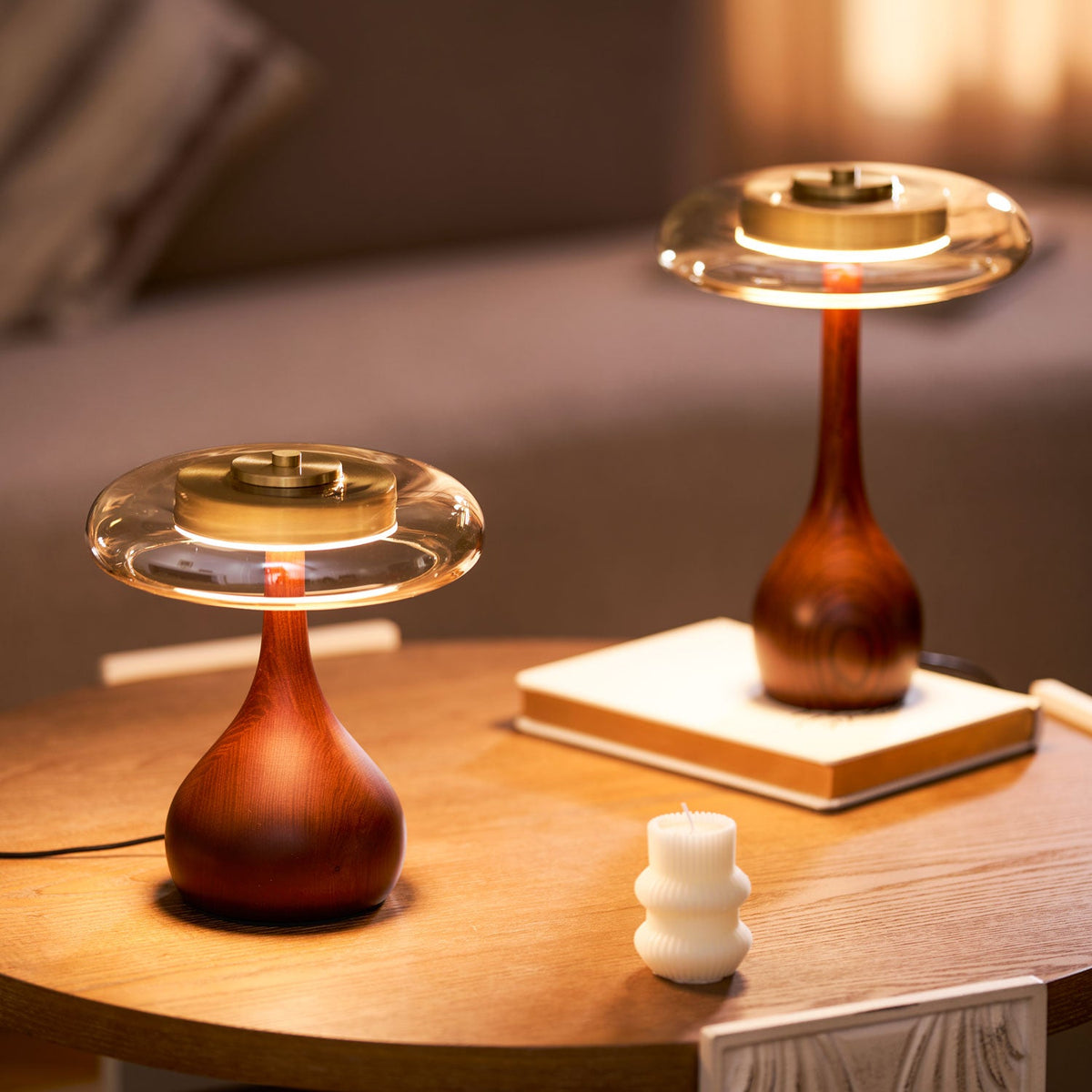 Amber Glass Table Lamp, Curved Walnut Base Bedside Lamp