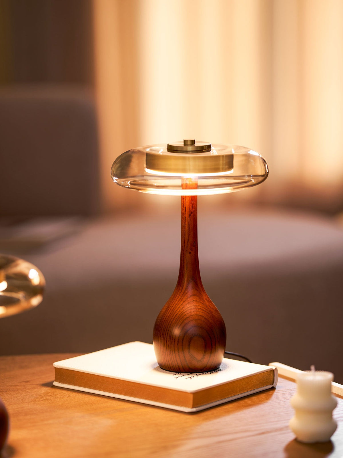 Amber Glass Table Lamp, Curved Walnut Base Bedside Lamp