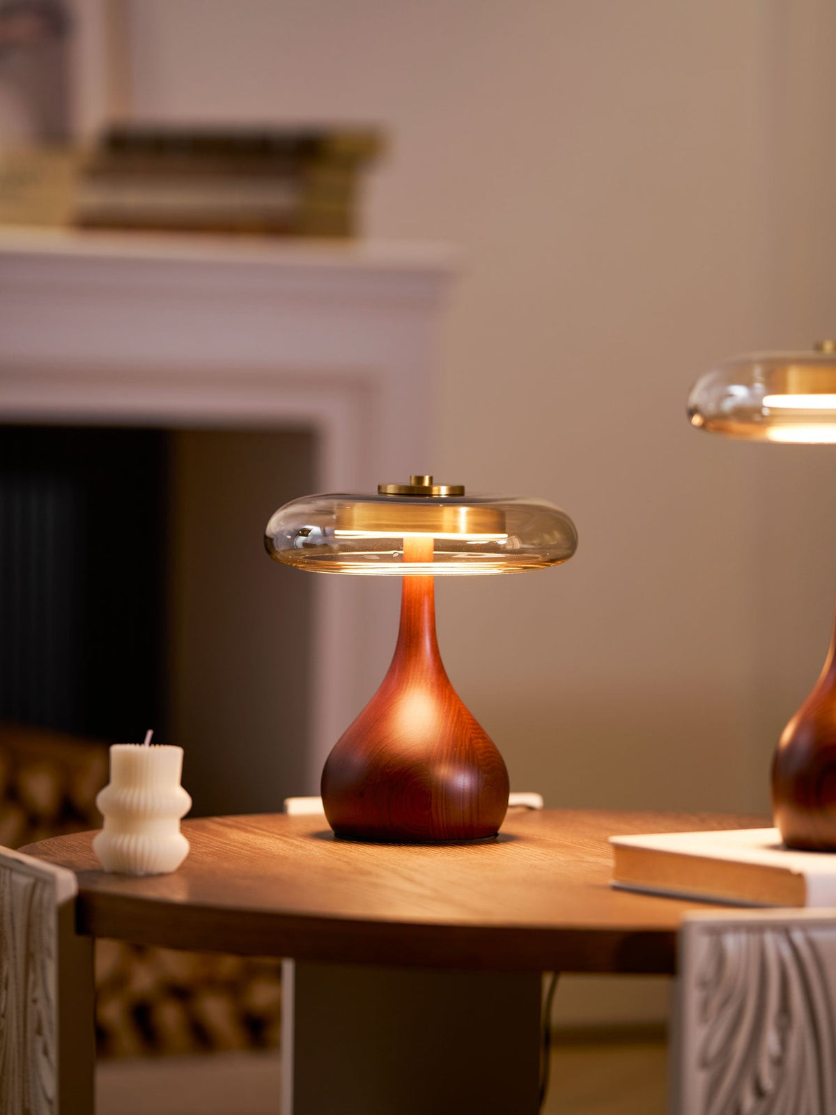 Amber Glass Table Lamp, Curved Walnut Base Bedside Lamp