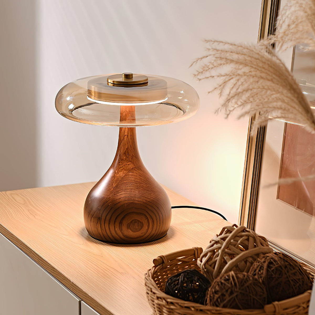 Amber Glass Table Lamp, Curved Walnut Base Bedside Lamp