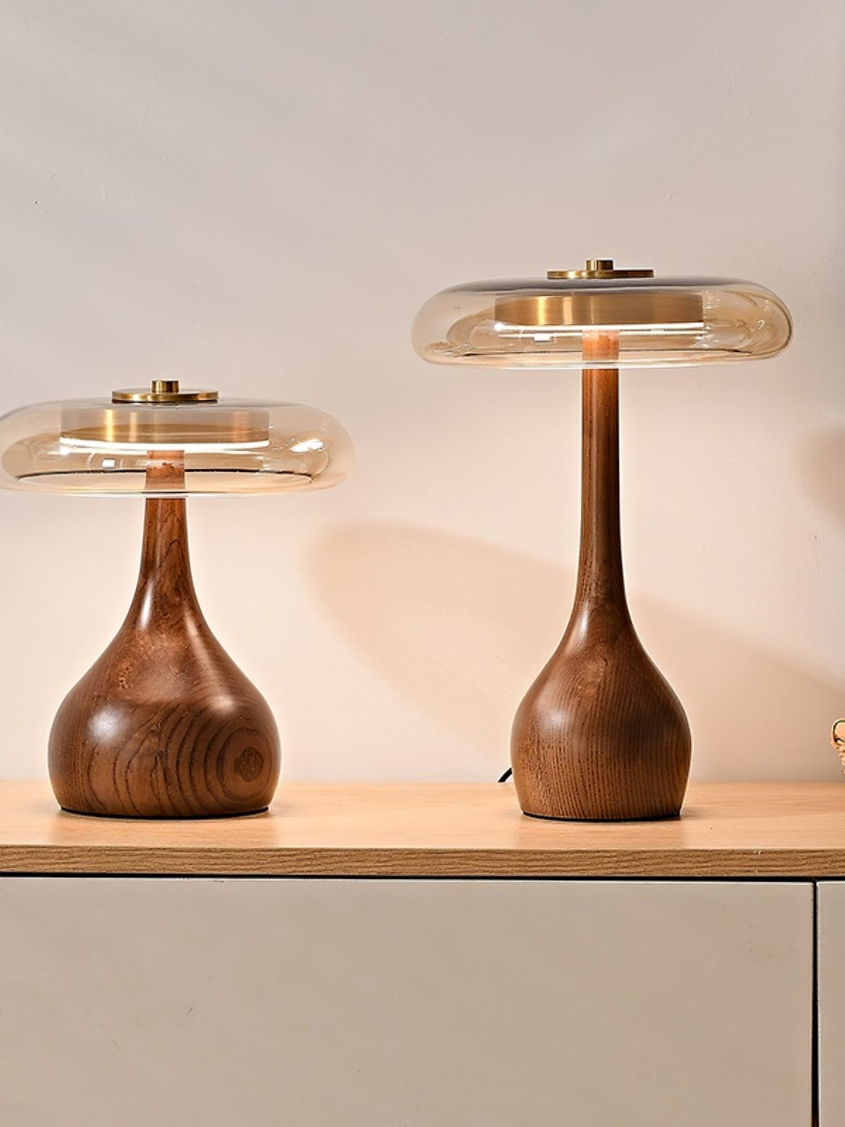 Amber Glass Table Lamp, Curved Walnut Base Bedside Lamp