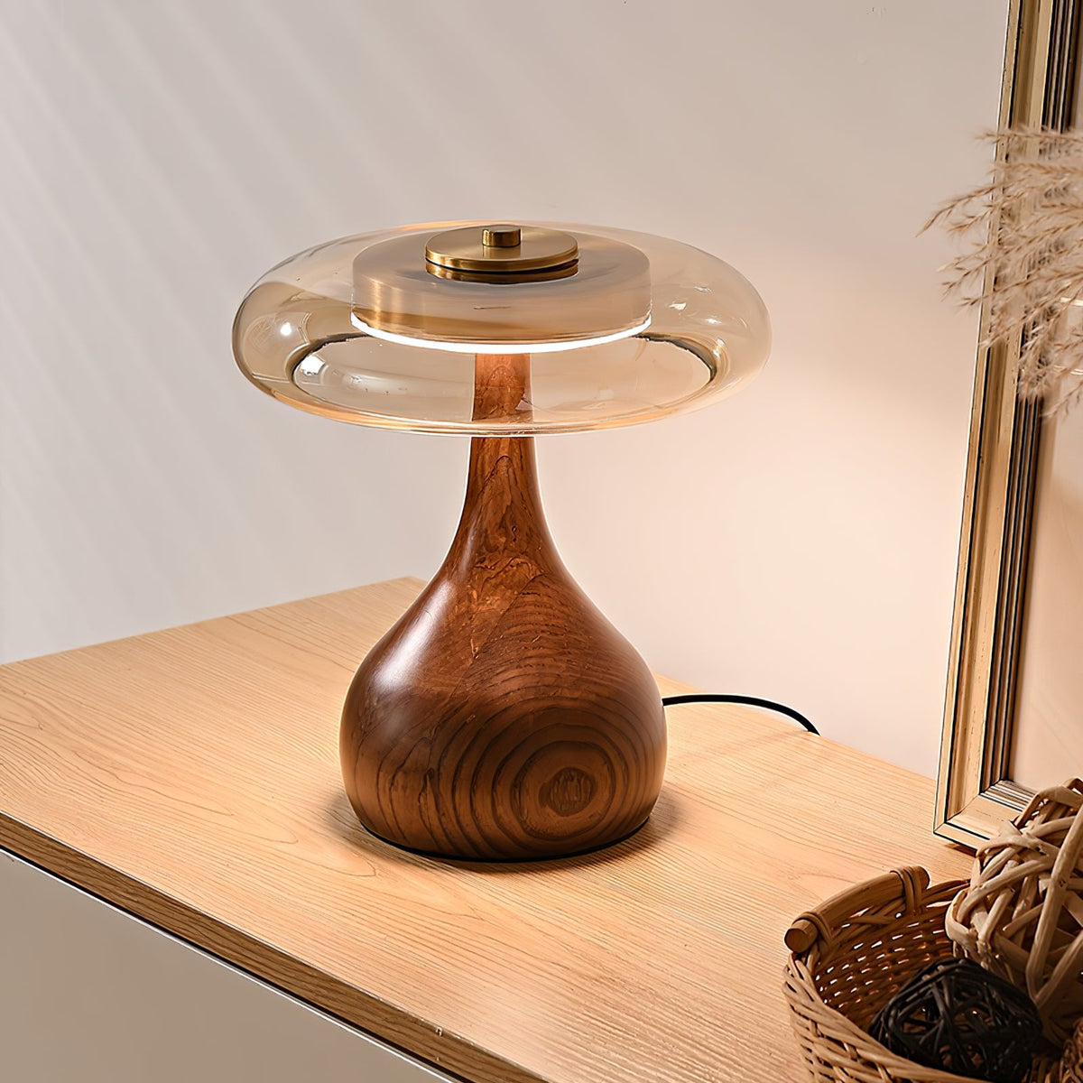Amber Glass Table Lamp, Curved Walnut Base Bedside Lamp