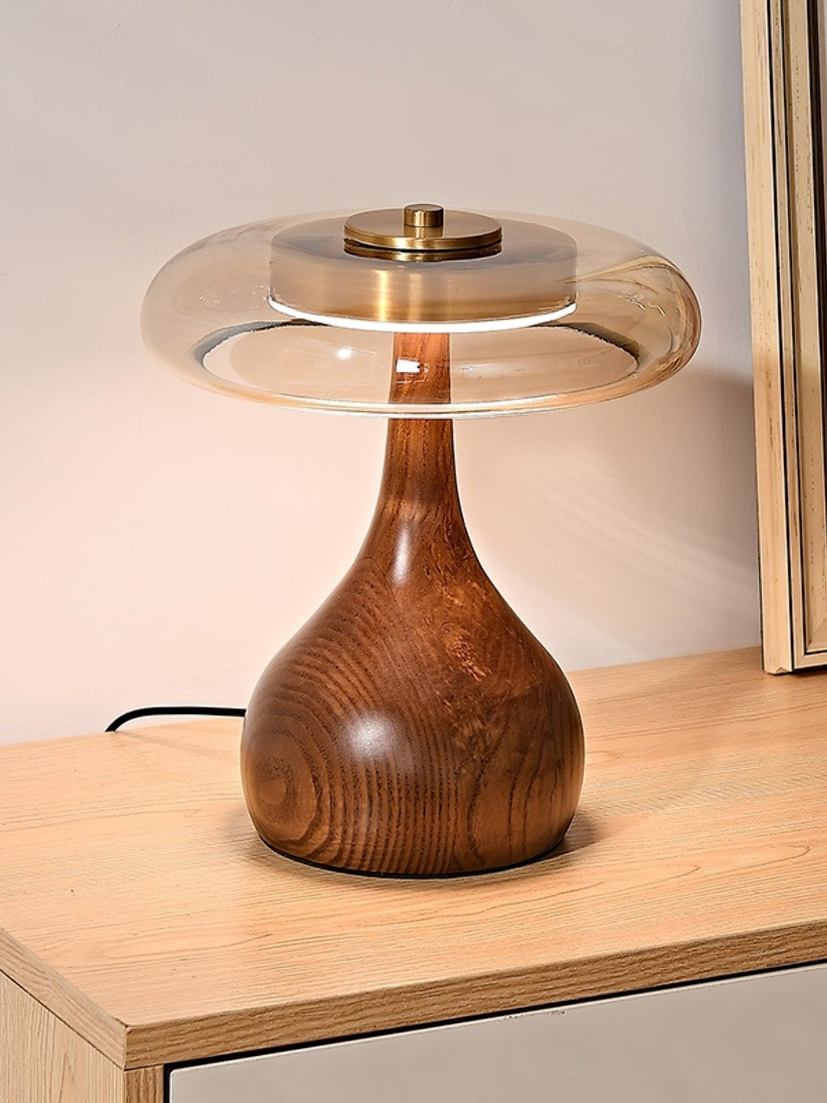 Amber Glass Table Lamp, Curved Walnut Base Bedside Lamp