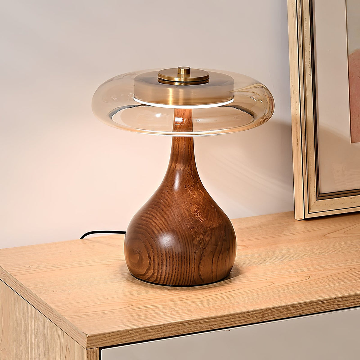 Amber Glass Table Lamp, Curved Walnut Base Bedside Lamp