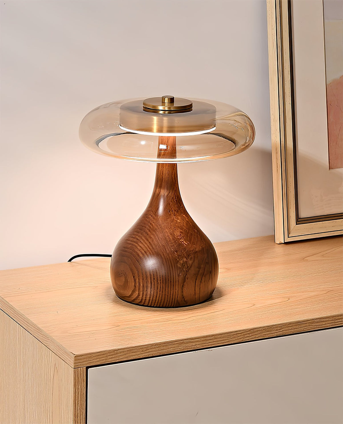 Amber Glass Table Lamp, Curved Walnut Base Bedside Lamp