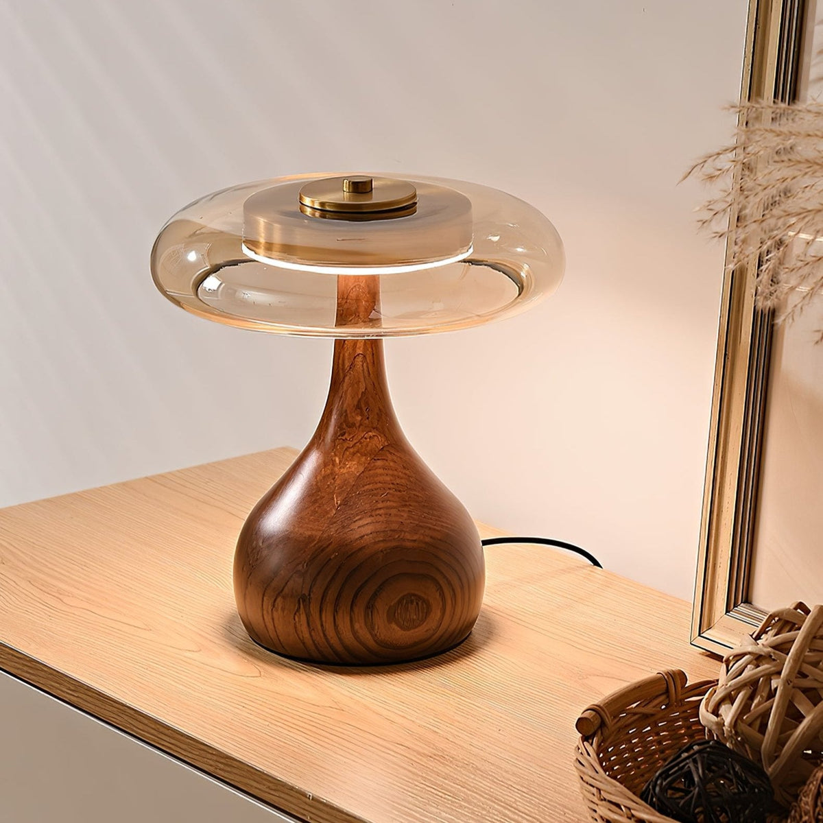 Amber Glass Table Lamp, Curved Walnut Base Bedside Lamp