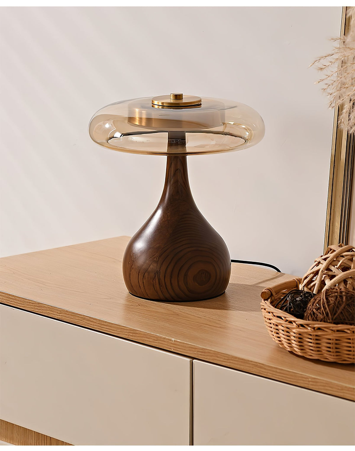 Amber Glass Table Lamp, Curved Walnut Base Bedside Lamp