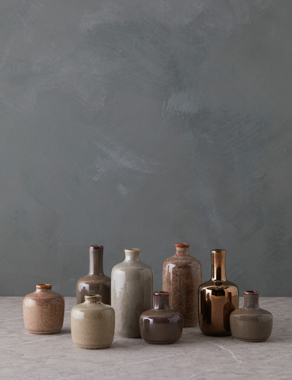 Brown Stoneware Vase Set of 8, Mixed Shapes and Sizes