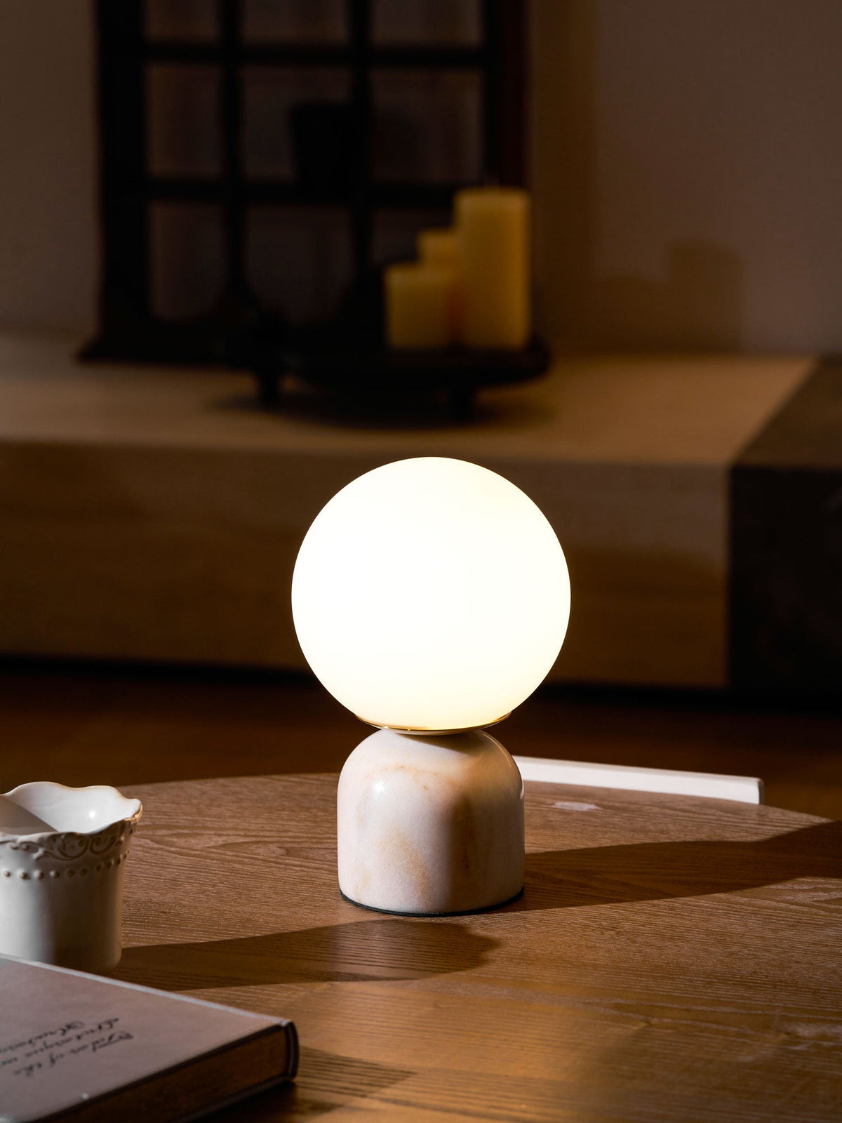 Marble Table Lamp, White Glass Globe Bedside Lamp