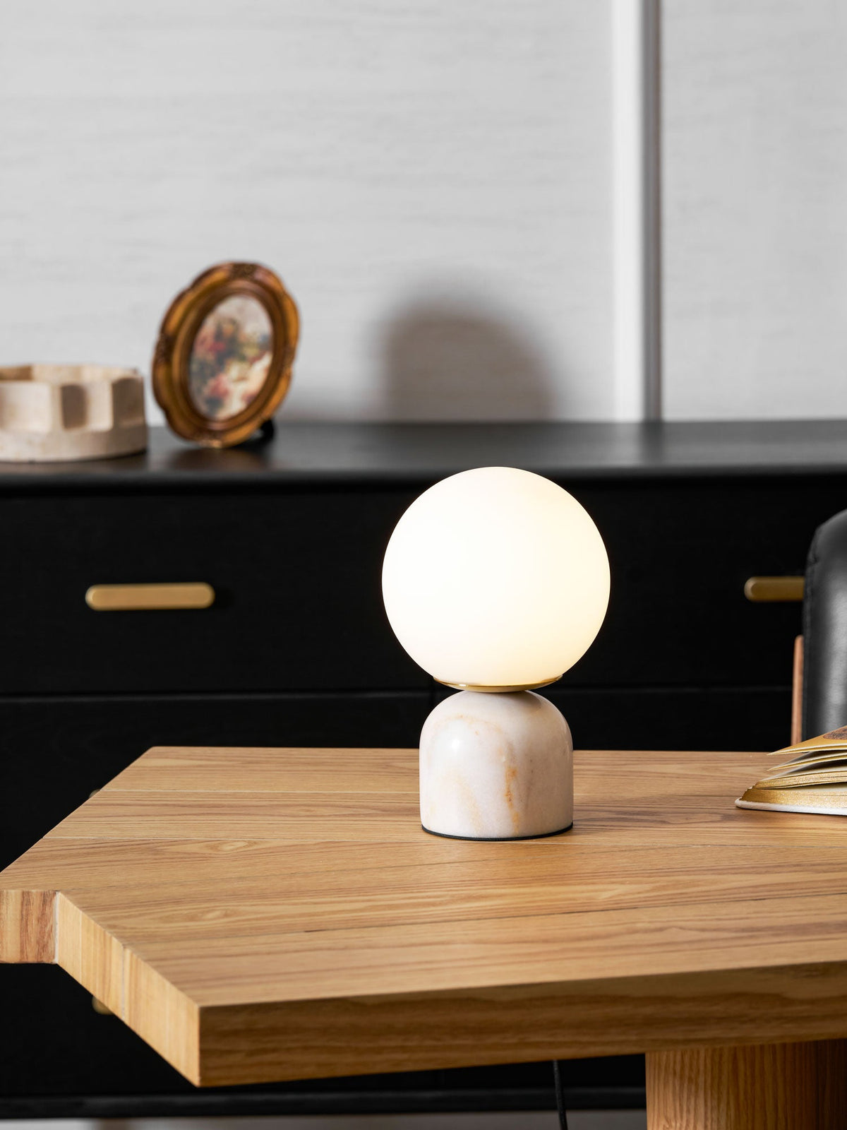Marble Table Lamp, White Glass Globe Bedside Lamp