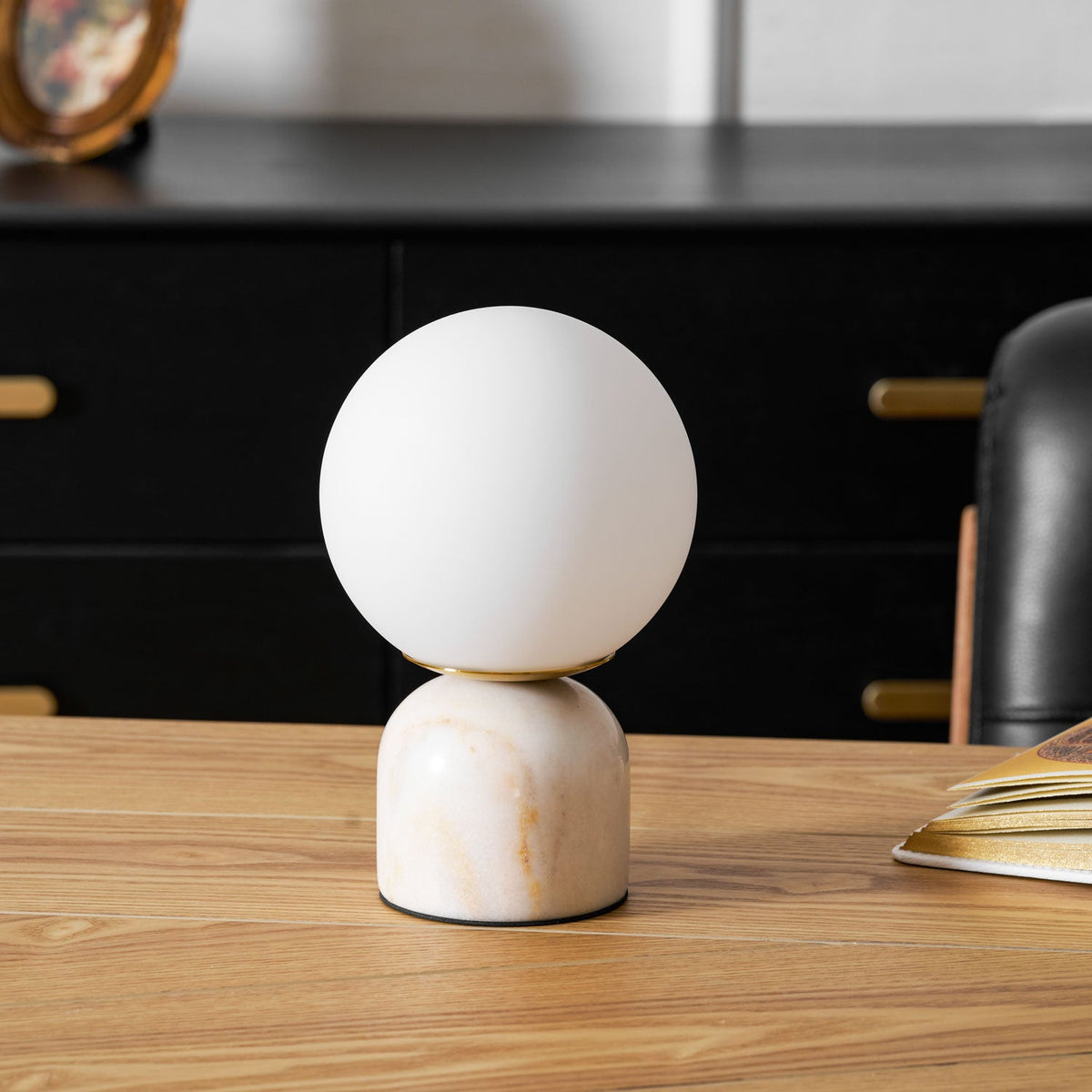 Marble Table Lamp, White Glass Globe Bedside Lamp