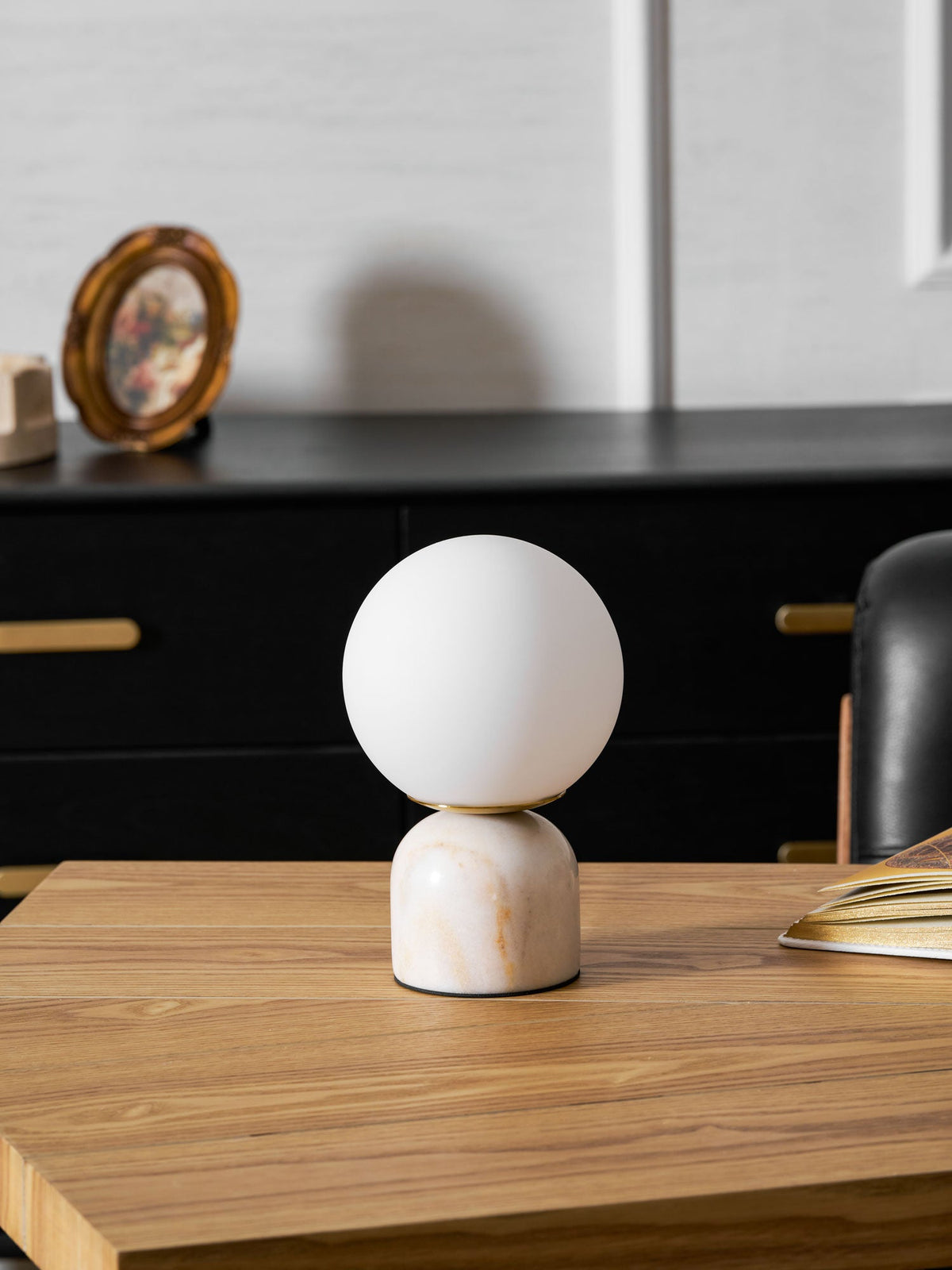 Marble Table Lamp, White Glass Globe Bedside Lamp