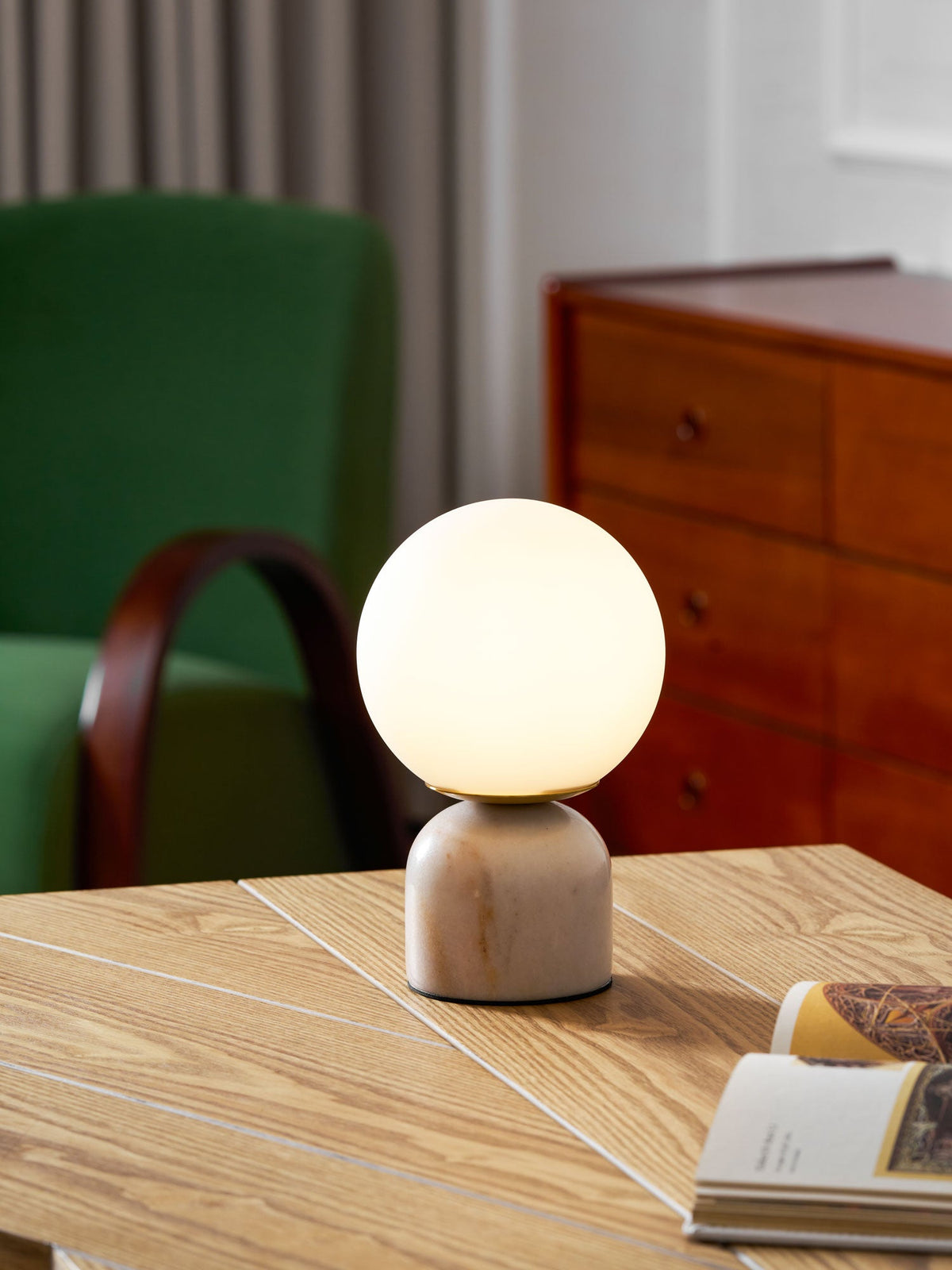 Marble Table Lamp, White Glass Globe Bedside Lamp