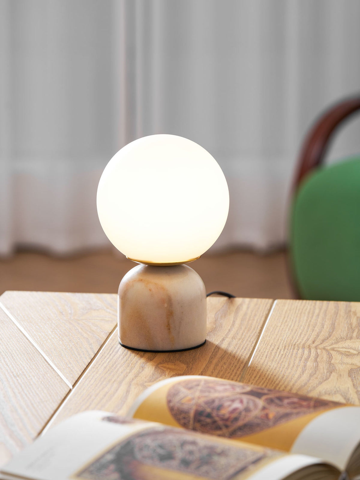 Marble Table Lamp, White Glass Globe Bedside Lamp