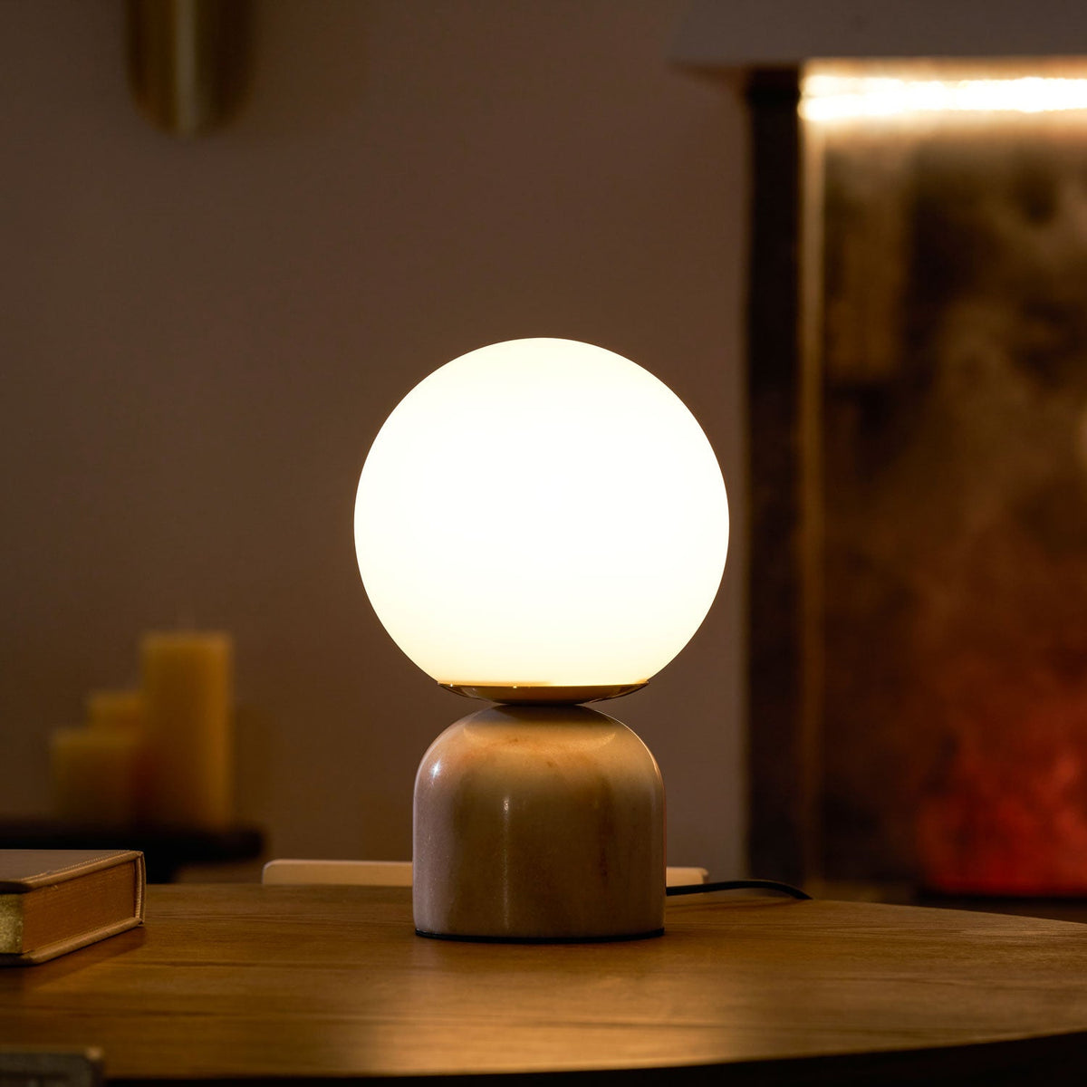 Marble Table Lamp, White Glass Globe Bedside Lamp