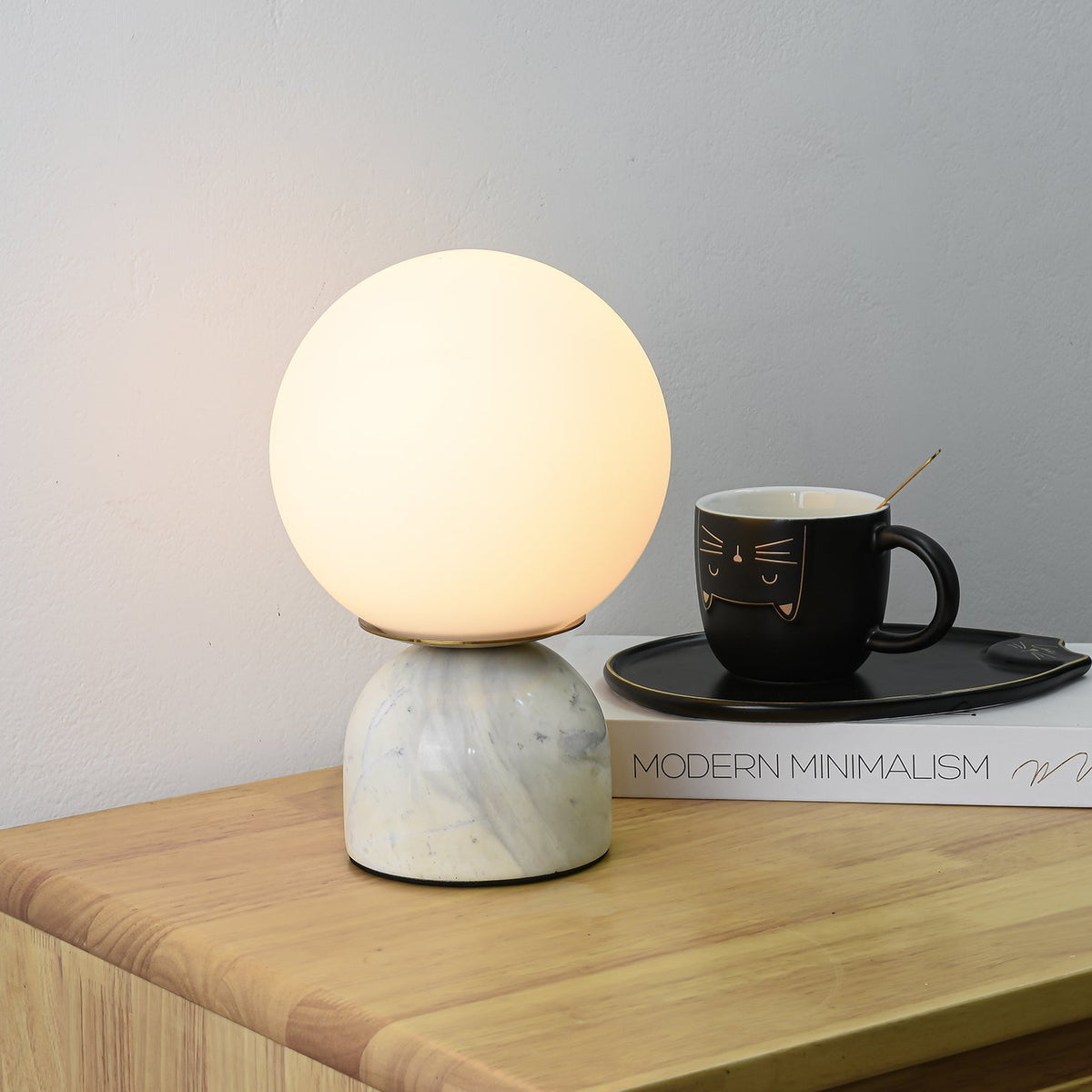 Marble Table Lamp, White Glass Globe Bedside Lamp
