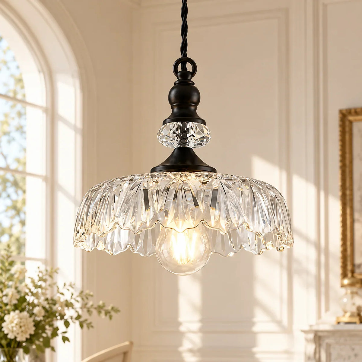 Vintage Glass Pendant Light, Floral Pattern Lantern Shade