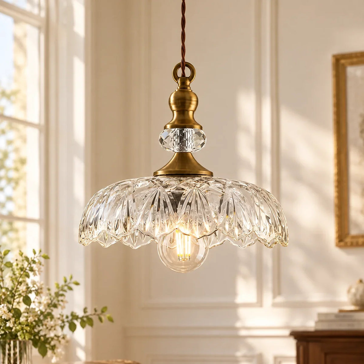 Vintage Glass Pendant Light, Floral Pattern Lantern Shade
