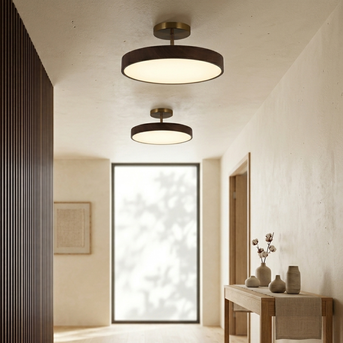 Semi Flush Mount Ceiling Light, Wood Look Disc, Gold Stem