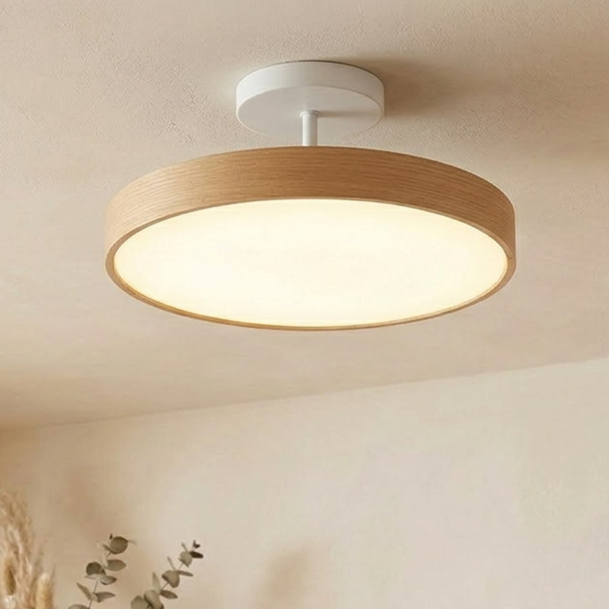 Semi Flush Mount Ceiling Light, Wood Look Disc, Gold Stem
