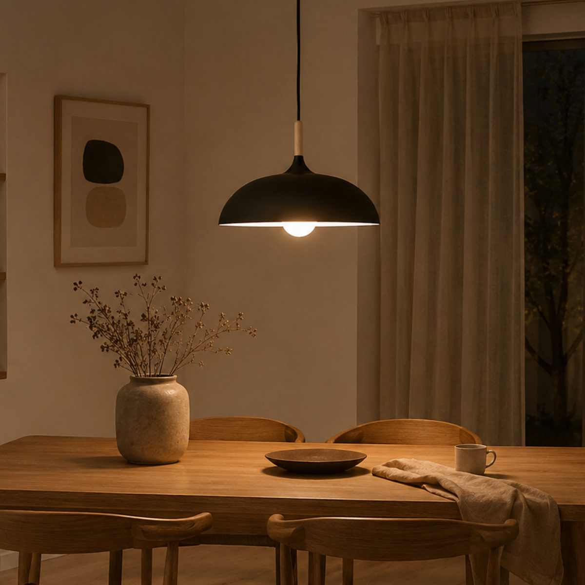 Bauhaus Dome Pendant Light, Wood and Aluminum Hanging Lamp