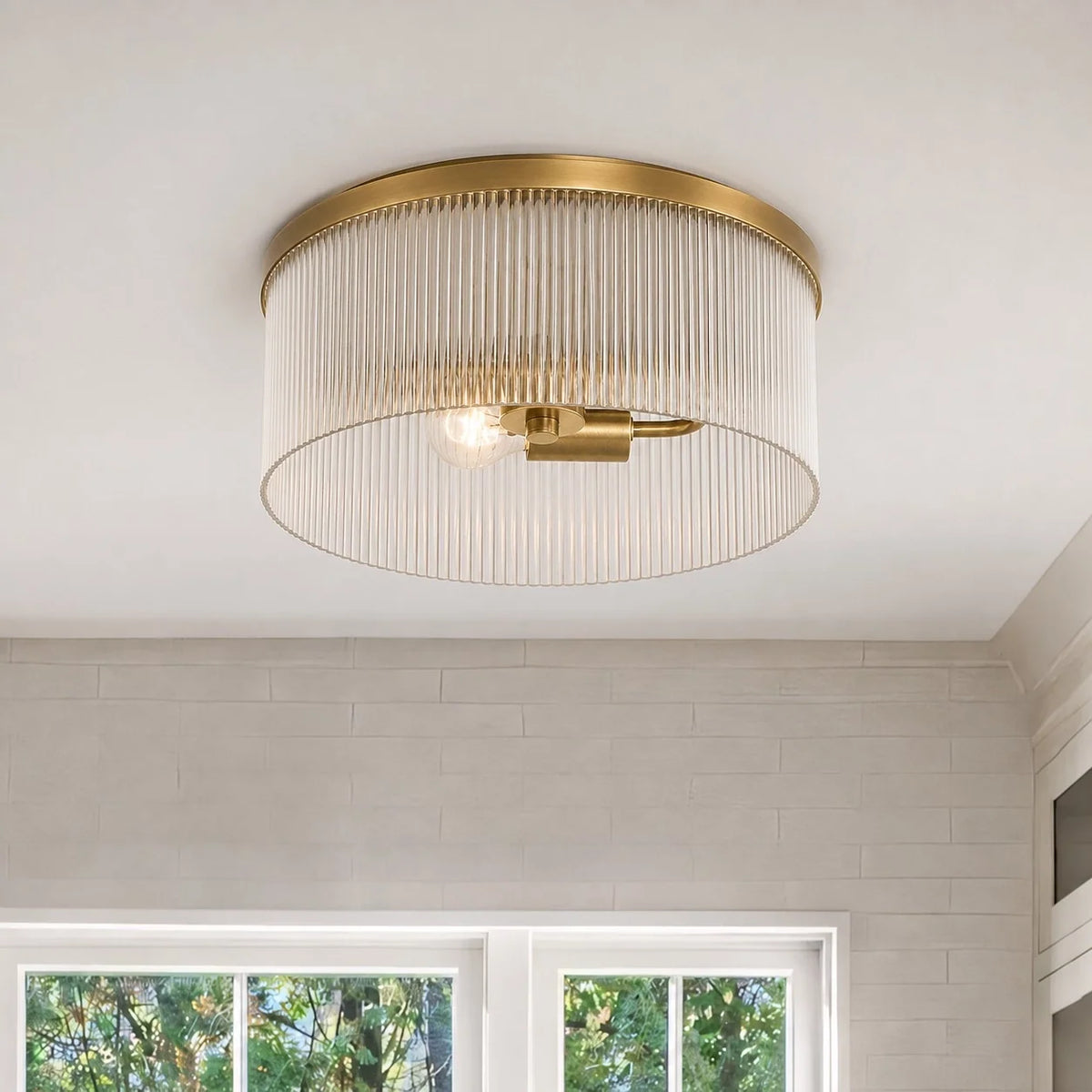 Ribbed Glass Flush Mount Light, Farmhouse 2-Light, 14 in