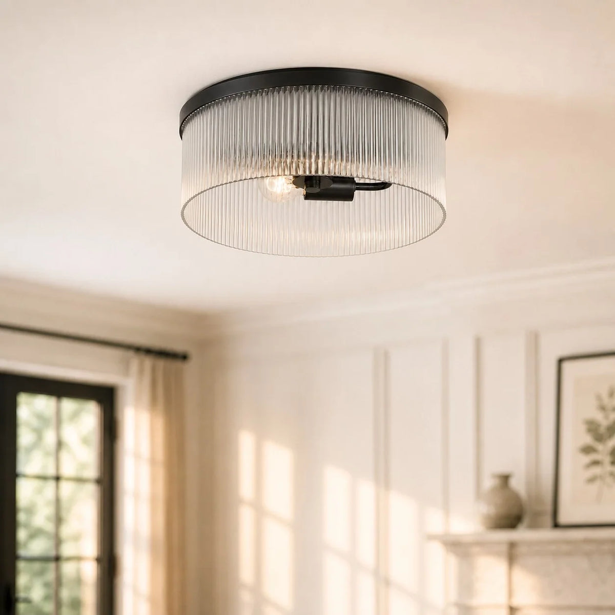Ribbed Glass Flush Mount Light, Farmhouse 2-Light, 14 in