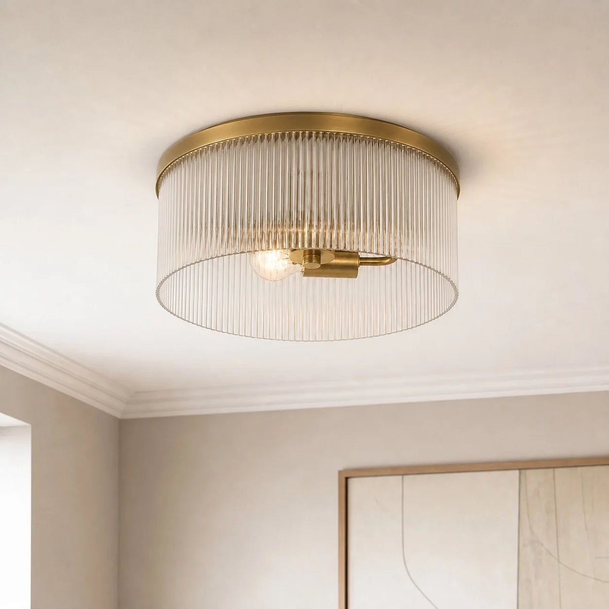 Ribbed Glass Flush Mount Light, Farmhouse 2-Light, 14 in