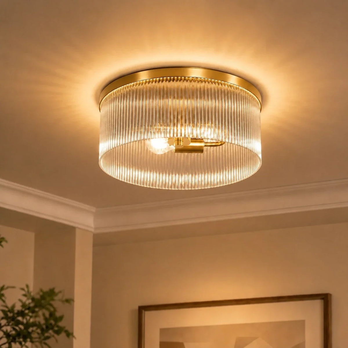 Ribbed Glass Flush Mount Light, Farmhouse 2-Light, 14 in