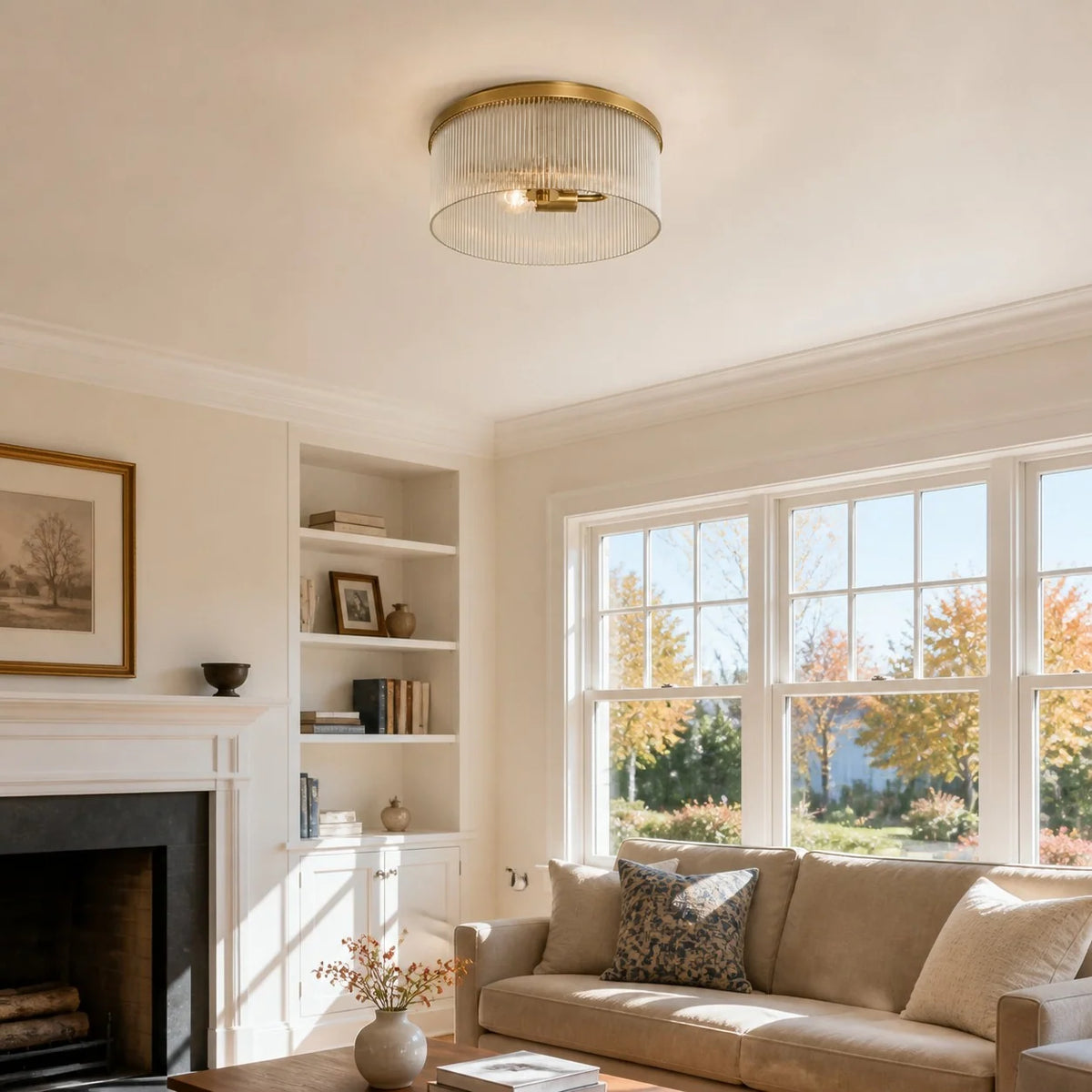 Ribbed Glass Flush Mount Light, Farmhouse 2-Light, 14 in