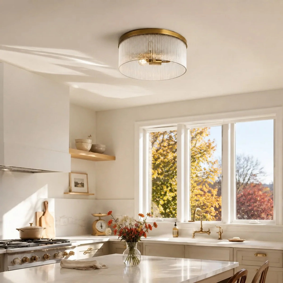 Ribbed Glass Flush Mount Light, Farmhouse 2-Light, 14 in