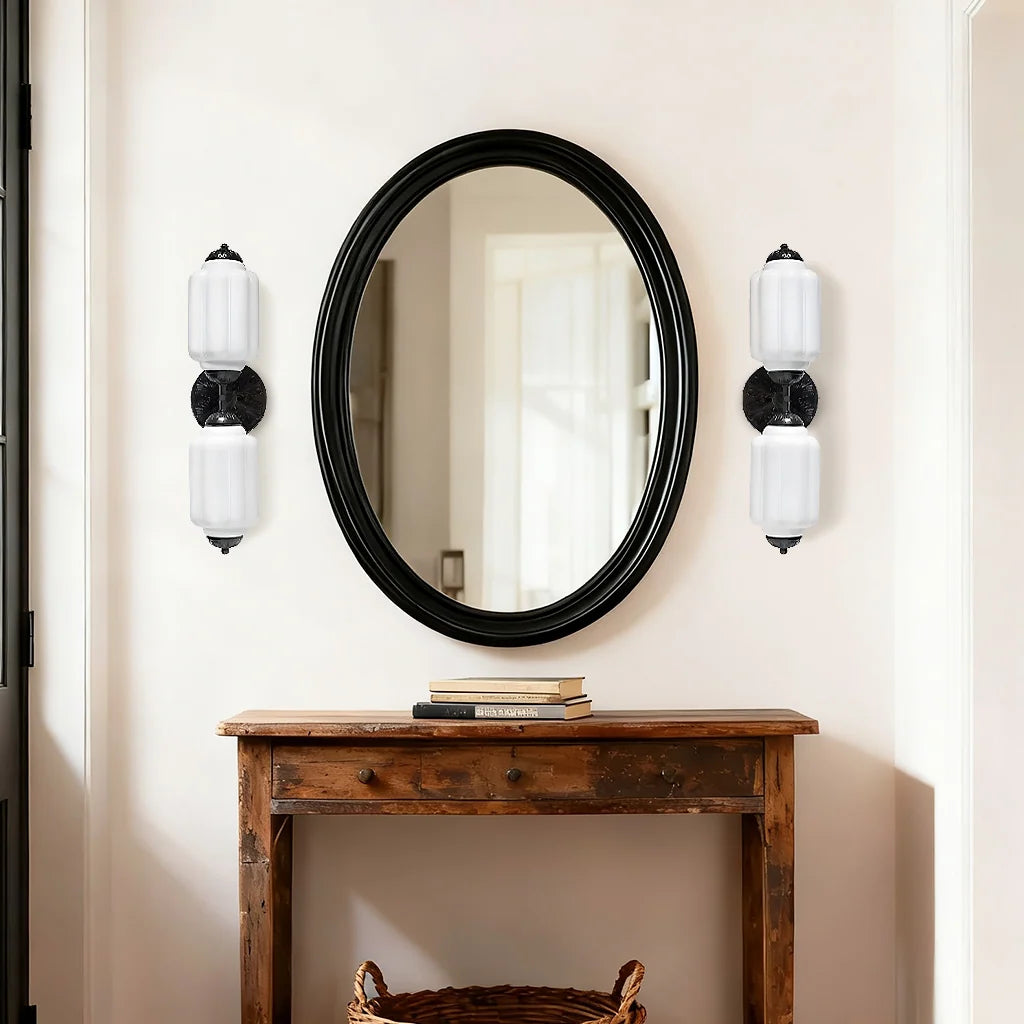 Milk Glass Vanity Light, Art Deco 2-Light Brass or Black